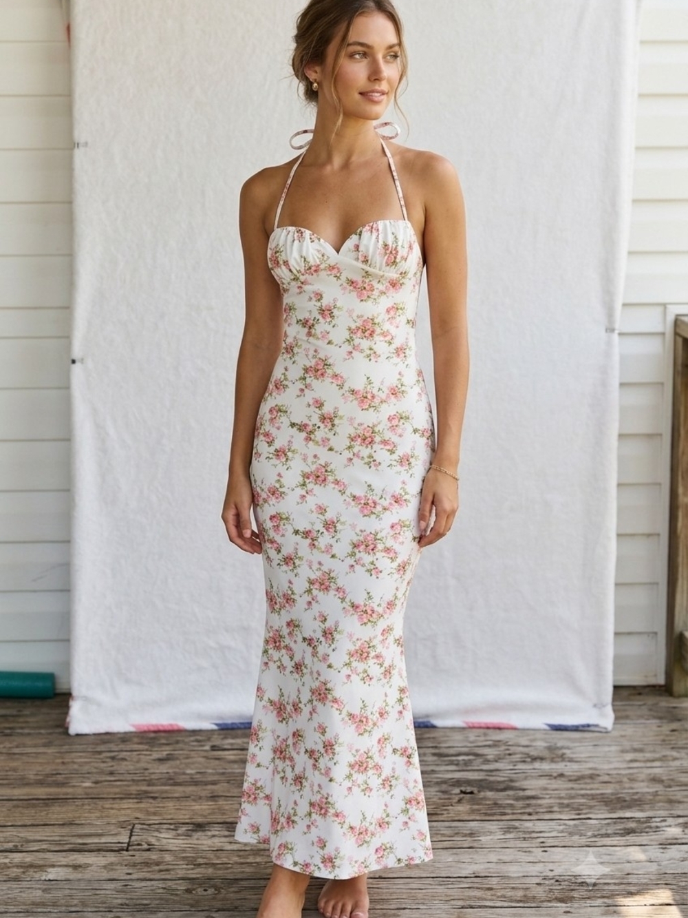 Boho Cream Floral Halter Maxi Dress Comfortable Summer Wedding Dress.  WD 000